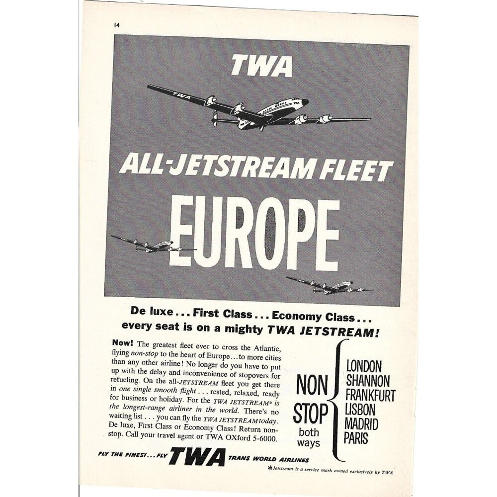 TWA All Jetstream Fleet Europe Trans World Airlines 1950s Vintage Print Ad